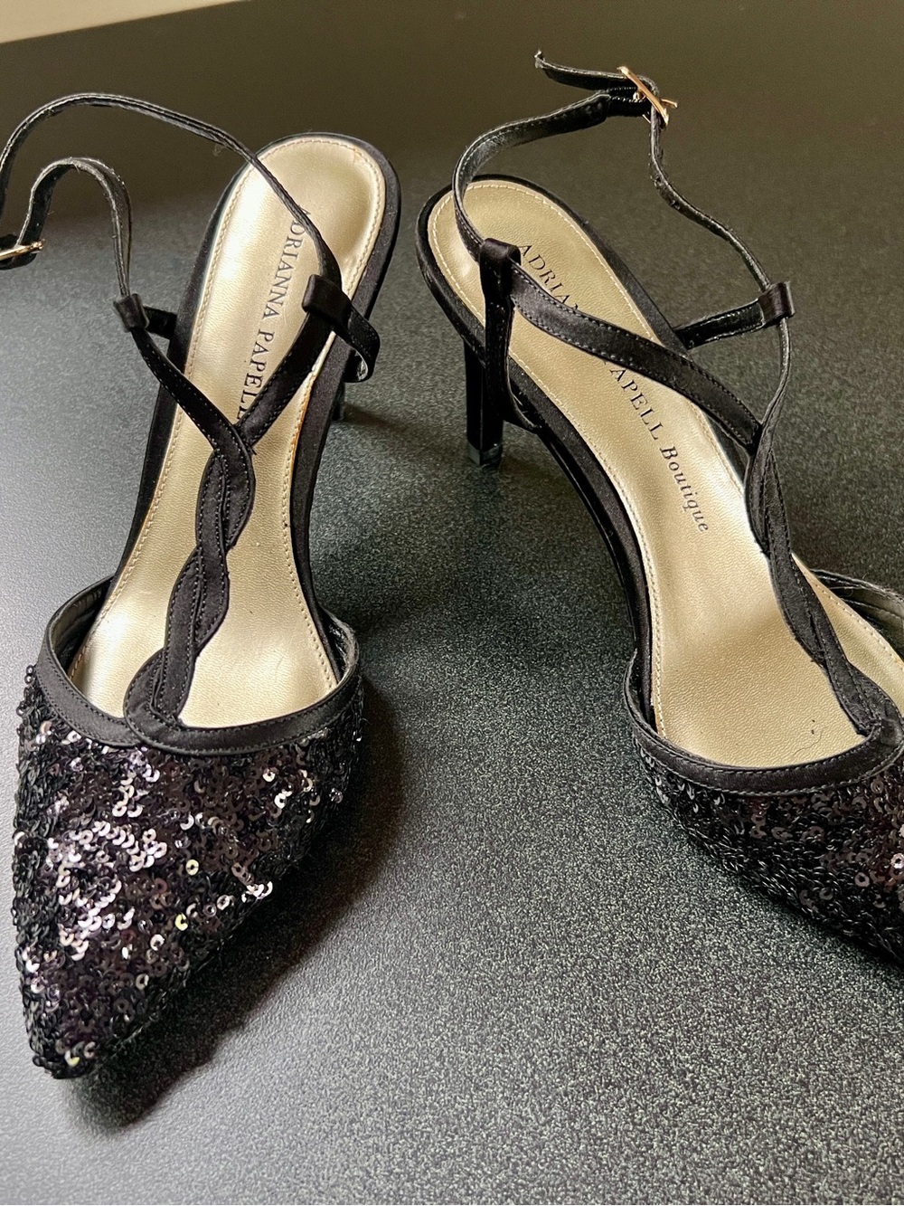 Adrianna Papell Black Sequin Pointed-Toe Slingback Heels